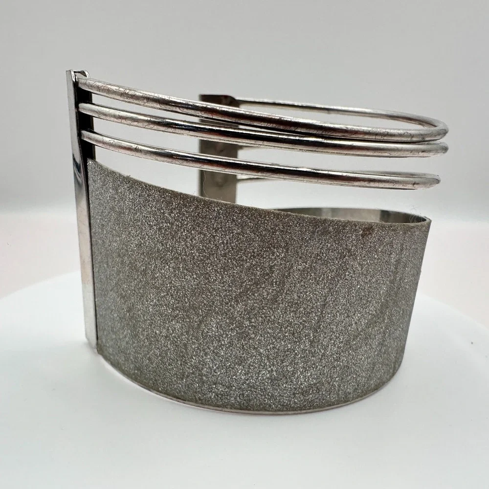 Vintage 90s Silver Tone Textured Glitter Wide Cuff Bracelet Statement